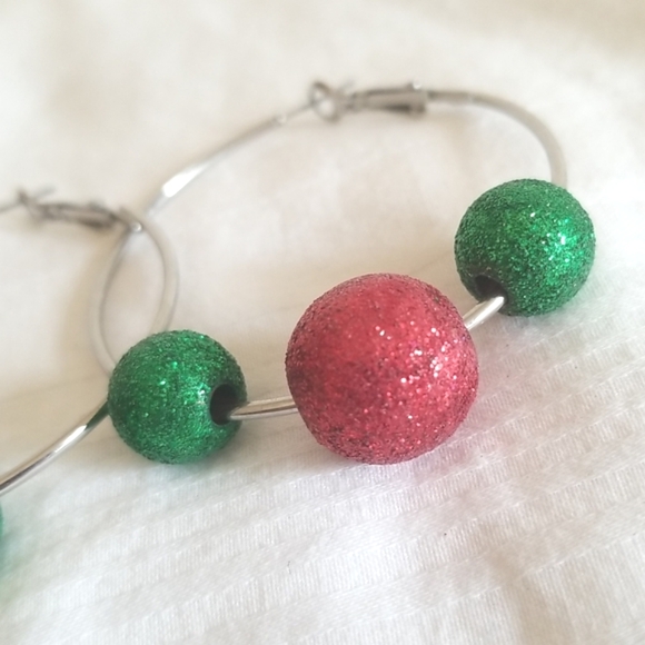 Silver Christmas Ornament Hoop Earrings - Picture 2 of 3